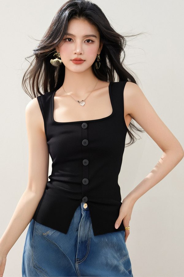 Slim sleeveless vest ice silk single-breasted tops