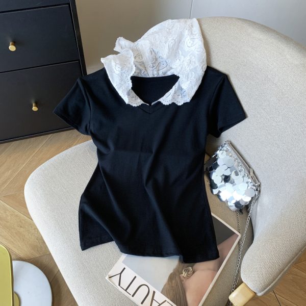 Hooded short sleeve lace tops all-match splice T-shirt for women